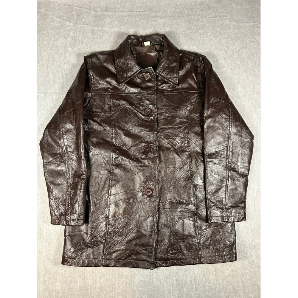 Vintage Patch Leather Jacket Brown Button Front Mid Length Coat D5C Size M
